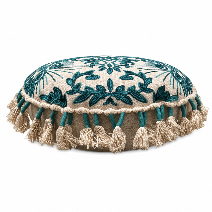 Embroidered Floor Pillow with Tassels & Filler, 20x20x3.5"