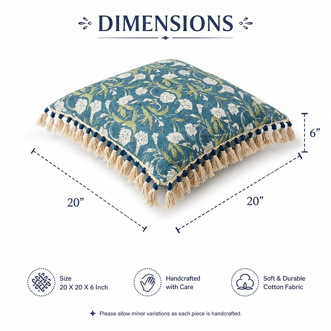 Indigo Floral Printed Pillow with Filler & Tassels, 20x20x6"