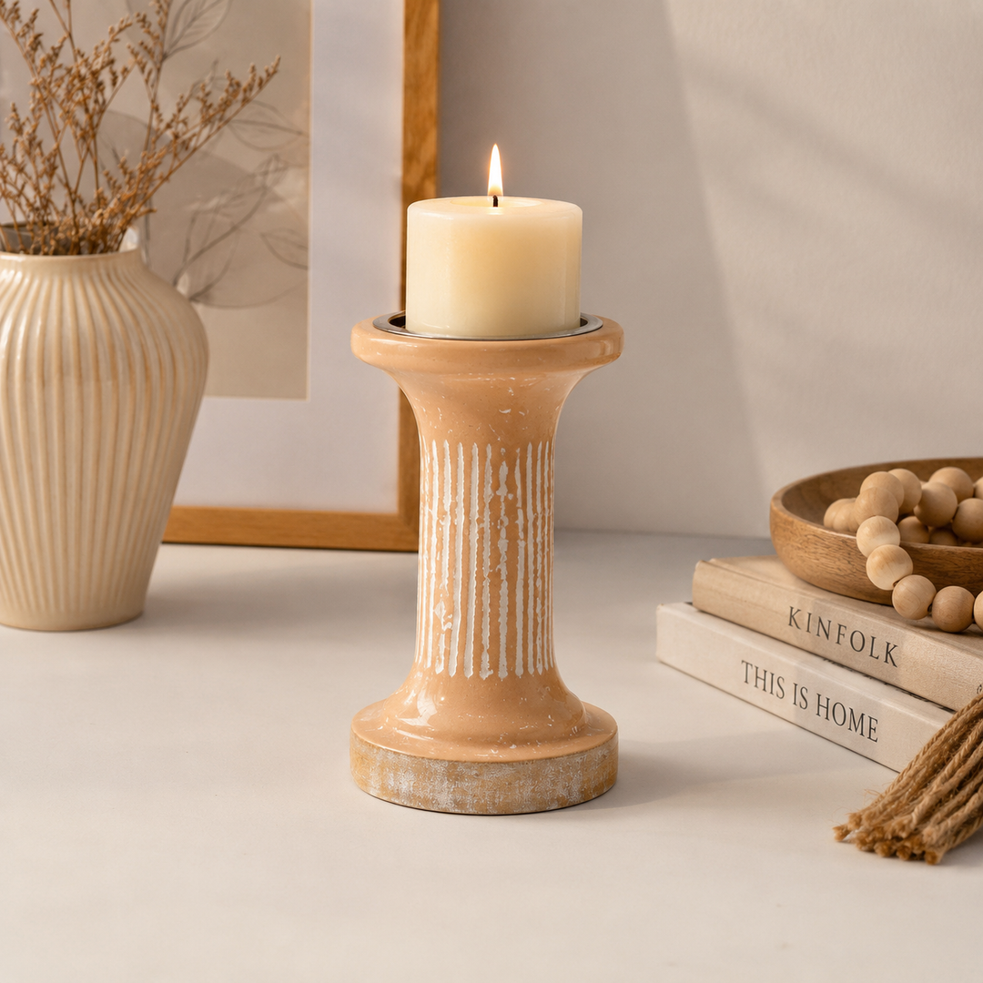 Ecomix Pillar Candle Holder 7" | Handcrafted Brown Candle Stand 4x4