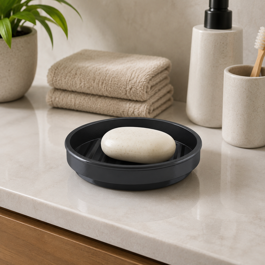 Stainless Steel Soap Dish, 5" x 5" x 1.5", Black Powder-Coated Finish, Rust-Resistant Bathroom Soap Holder