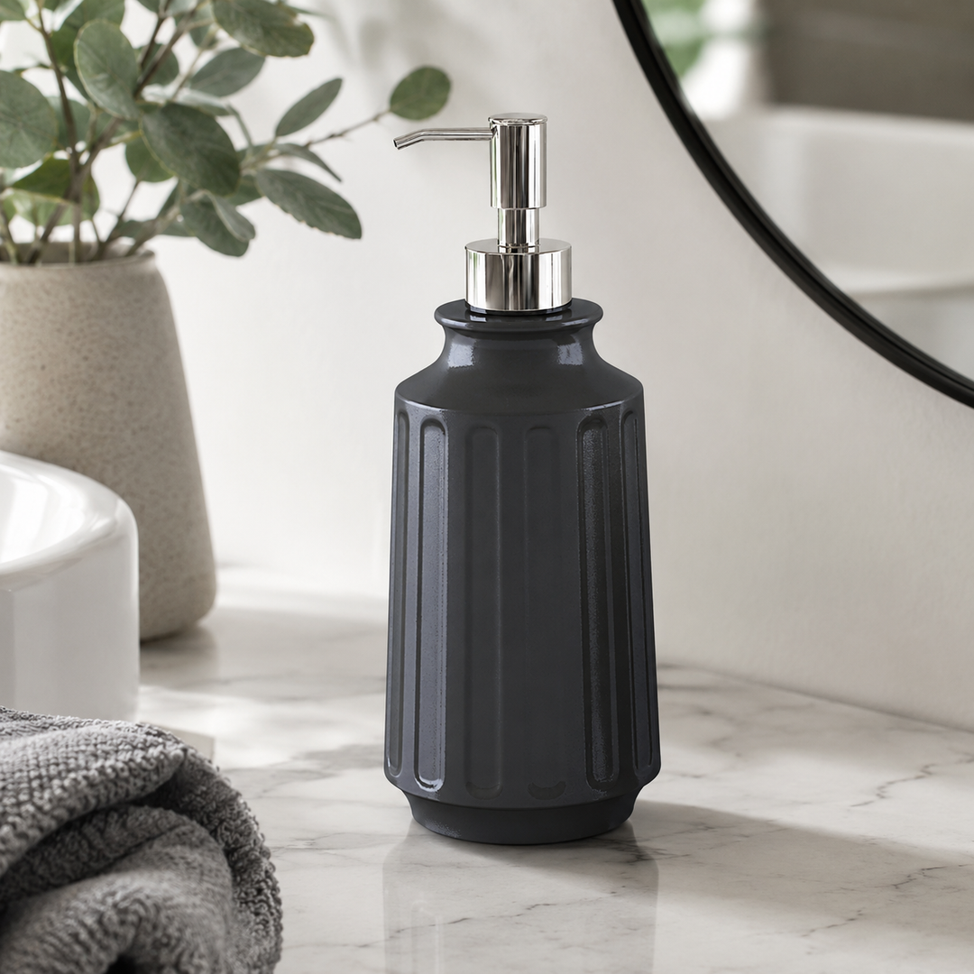 Stainless Steel Soap Dispenser, 3" x 3" x 8", Black Powder-Coated Finish, Refillable Bathroom & Kitchen Liquid Soap Pump, Rust-Resistant Countertop Soap Dispenser