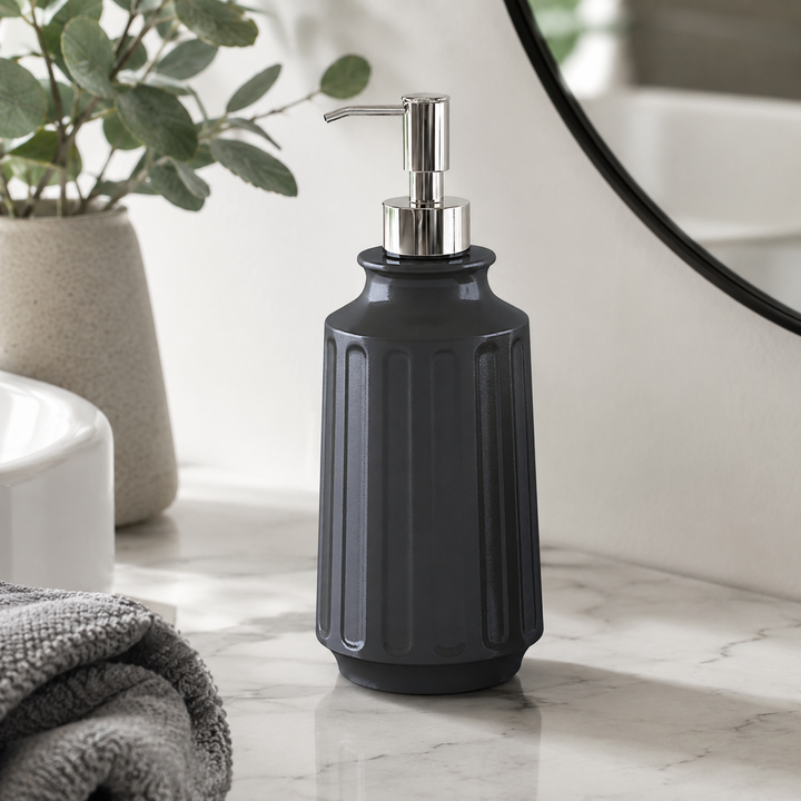 Stainless Steel Soap Dispenser, 3" x 3" x 8", Black Powder-Coated Finish, Refillable Bathroom & Kitchen Liquid Soap Pump, Rust-Resistant Countertop Soap Dispenser