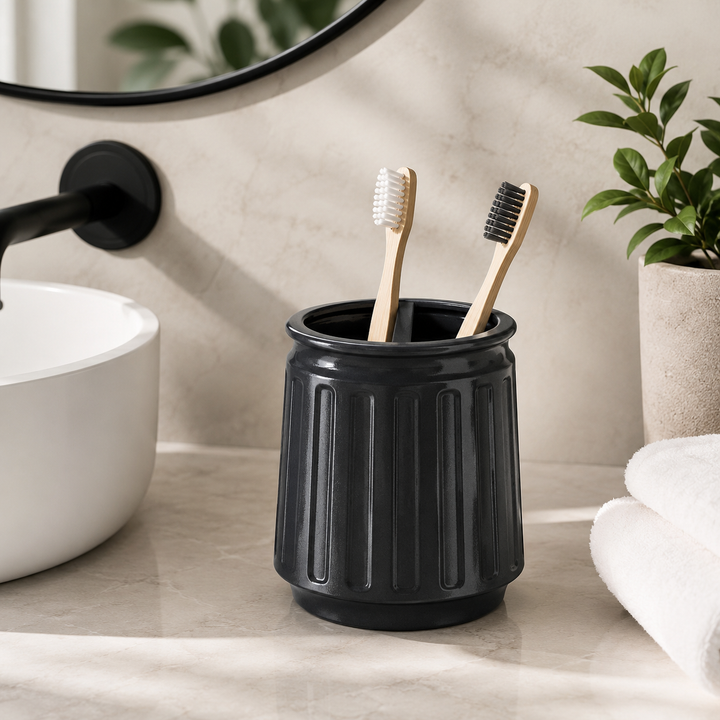 Stainless Steel Toothbrush Holder, 4" x 4" x 4", Black Powder-Coated Bathroom Toothbrush Organizer Cup, Rust-Resistant Countertop Toothbrush & Toothpaste Holder