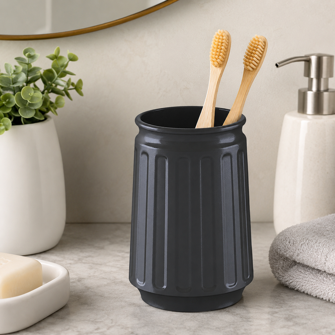 Stainless Steel Bathroom Tumbler Cup, 3" x 3" x 5", Black Powder-Coated Finish, Rust-Resistant Bathroom Cup for Toothbrushes, Rinsing & Vanity Organization