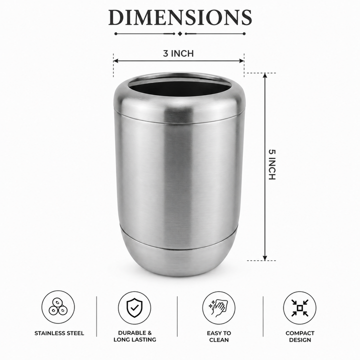 Modern Stainless Steel Toothbrush Holder, 3" x 3" x 5", Brushed Stainless Steel Finish, Rust-Resistant Bathroom Toothbrush Cup & Countertop Organizer