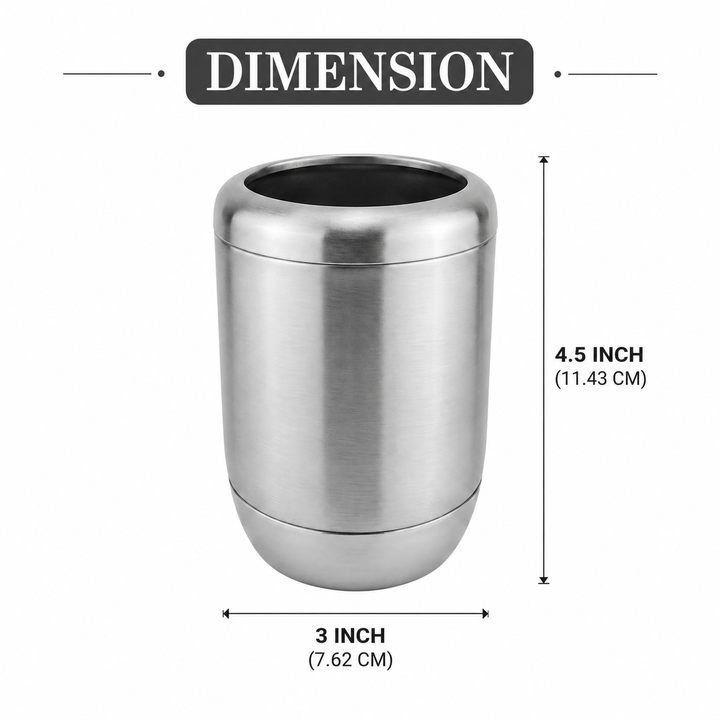Modern Stainless Steel Toothbrush Holder, 3" x 3" x 4.5", Brushed Stainless Steel Finish, Rust-Resistant Bathroom Toothbrush Cup & Countertop Organizer