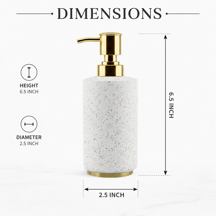 Modern Stainless Steel Soap Dispenser, 2.5" x 2.5" x 6.5", White Speckled Powder-Coated Finish with Gold Pump, Refillable Rust-Resistant Liquid Soap Dispenser for Bathroom & Kitchen