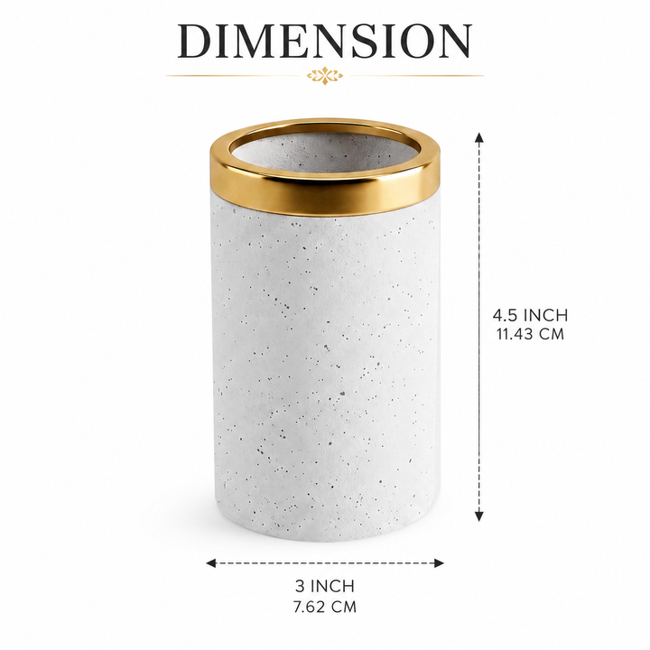 Modern Stainless Steel Bathroom Tumbler, 3" x 3" x 4.5", White Speckled Powder-Coated Finish with Gold Rim, Rust-Resistant Bathroom Cup for Toothbrushes, Rinsing & Vanity Organization