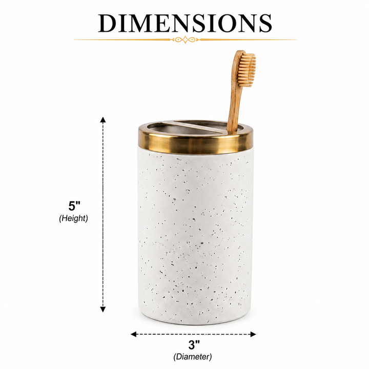 Modern Stainless Steel Toothbrush Holder, 3" x 3" x 5", White Speckled Powder-Coated Finish with Gold Accent, Rust-Resistant Bathroom Toothbrush & Toothpaste Organizer