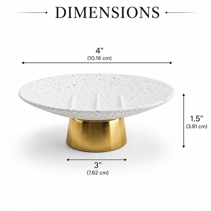 Modern Stainless Steel Soap Dish, 4" x 3" x 1.5", White Speckled Powder-Coated Finish with Gold Base, Rust-Resistant Bathroom Soap Holder for Vanity, Kitchen & Sink Counter