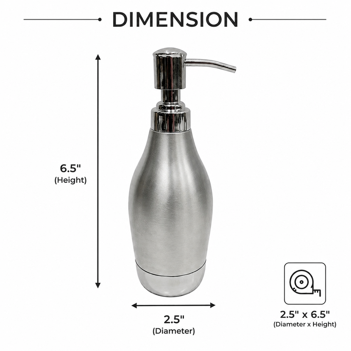 Modern Stainless Steel Soap Dispenser, 2.5" x 2.5" x 6.5", Brushed Stainless Steel Finish, Refillable Rust-Resistant Liquid Soap Pump for Bathroom & Kitchen Countertops