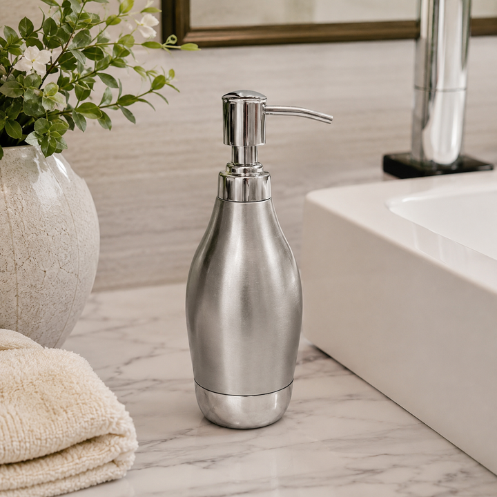 Modern Stainless Steel Soap Dispenser, 2.5" x 2.5" x 6.5", Brushed Stainless Steel Finish, Refillable Rust-Resistant Liquid Soap Pump for Bathroom & Kitchen Countertops