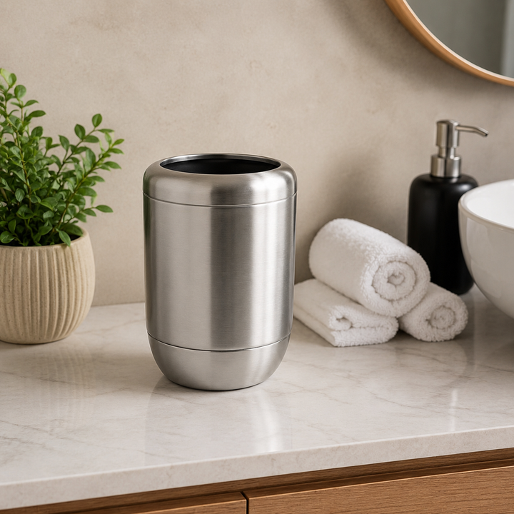 Modern Stainless Steel Toothbrush Holder, 3" x 3" x 4.5", Brushed Stainless Steel Finish, Rust-Resistant Bathroom Toothbrush Cup & Countertop Organizer