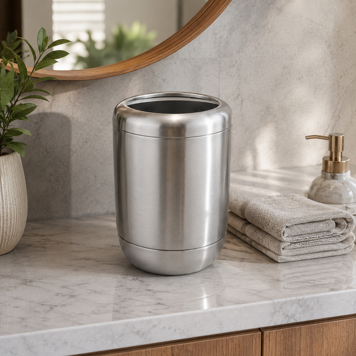 Modern Stainless Steel Toothbrush Holder, 3" x 3" x 5", Brushed Stainless Steel Finish, Rust-Resistant Bathroom Toothbrush Cup & Countertop Organizer