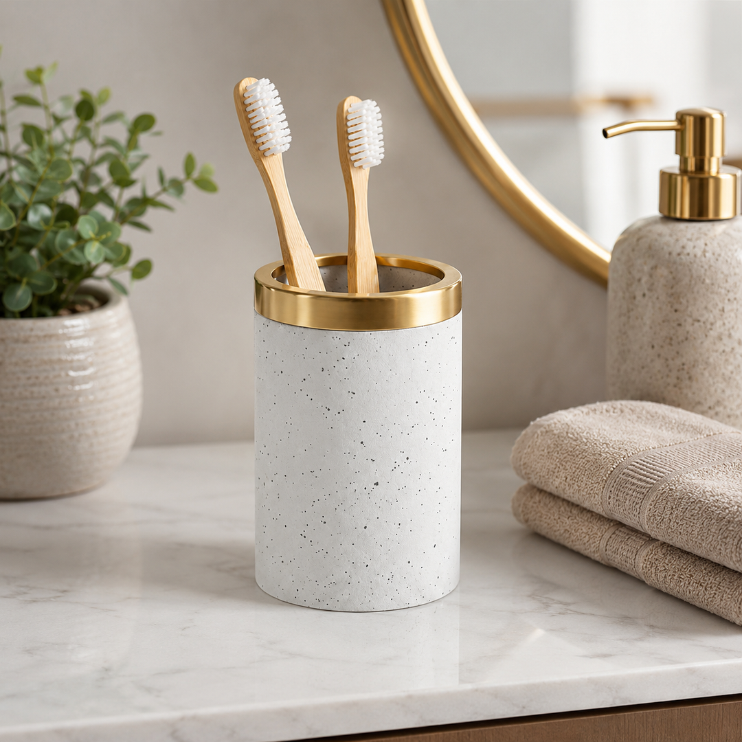 Modern Stainless Steel Bathroom Tumbler, 3" x 3" x 4.5", White Speckled Powder-Coated Finish with Gold Rim, Rust-Resistant Bathroom Cup for Toothbrushes, Rinsing & Vanity Organization