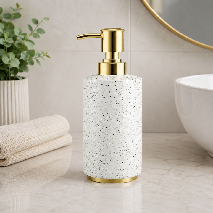 Modern Stainless Steel Soap Dispenser, 2.5" x 2.5" x 6.5", White Speckled Powder-Coated Finish with Gold Pump, Refillable Rust-Resistant Liquid Soap Dispenser for Bathroom & Kitchen