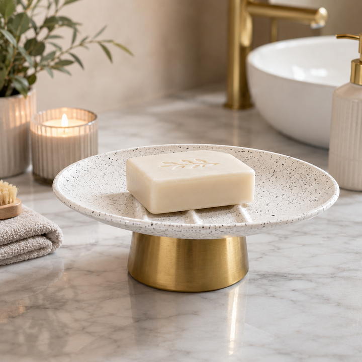 Modern Stainless Steel Soap Dish, 4" x 3" x 1.5", White Speckled Powder-Coated Finish with Gold Base, Rust-Resistant Bathroom Soap Holder for Vanity, Kitchen & Sink Counter