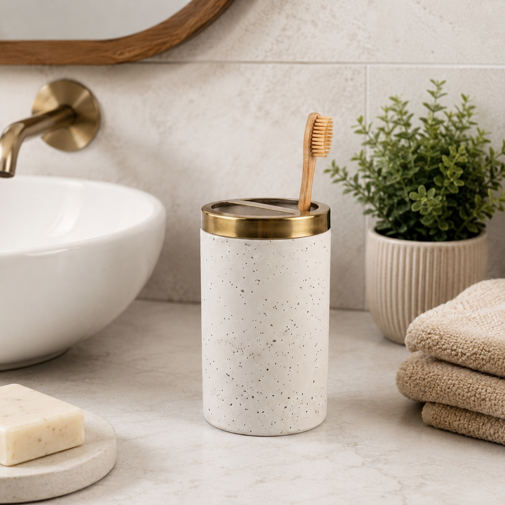 Modern Stainless Steel Toothbrush Holder, 3" x 3" x 5", White Speckled Powder-Coated Finish with Gold Accent, Rust-Resistant Bathroom Toothbrush & Toothpaste Organizer