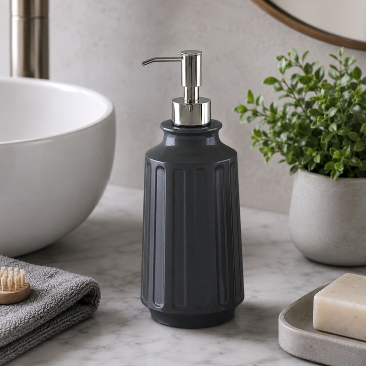 Stainless Steel Soap Dispenser, 3" x 3" x 8", Black Powder-Coated Finish, Refillable Bathroom & Kitchen Liquid Soap Pump, Rust-Resistant Countertop Soap Dispenser