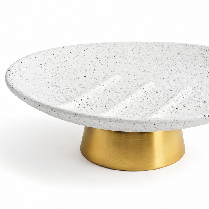 Modern Stainless Steel Soap Dish, 4" x 3" x 1.5", White Speckled Powder-Coated Finish with Gold Base, Rust-Resistant Bathroom Soap Holder for Vanity, Kitchen & Sink Counter