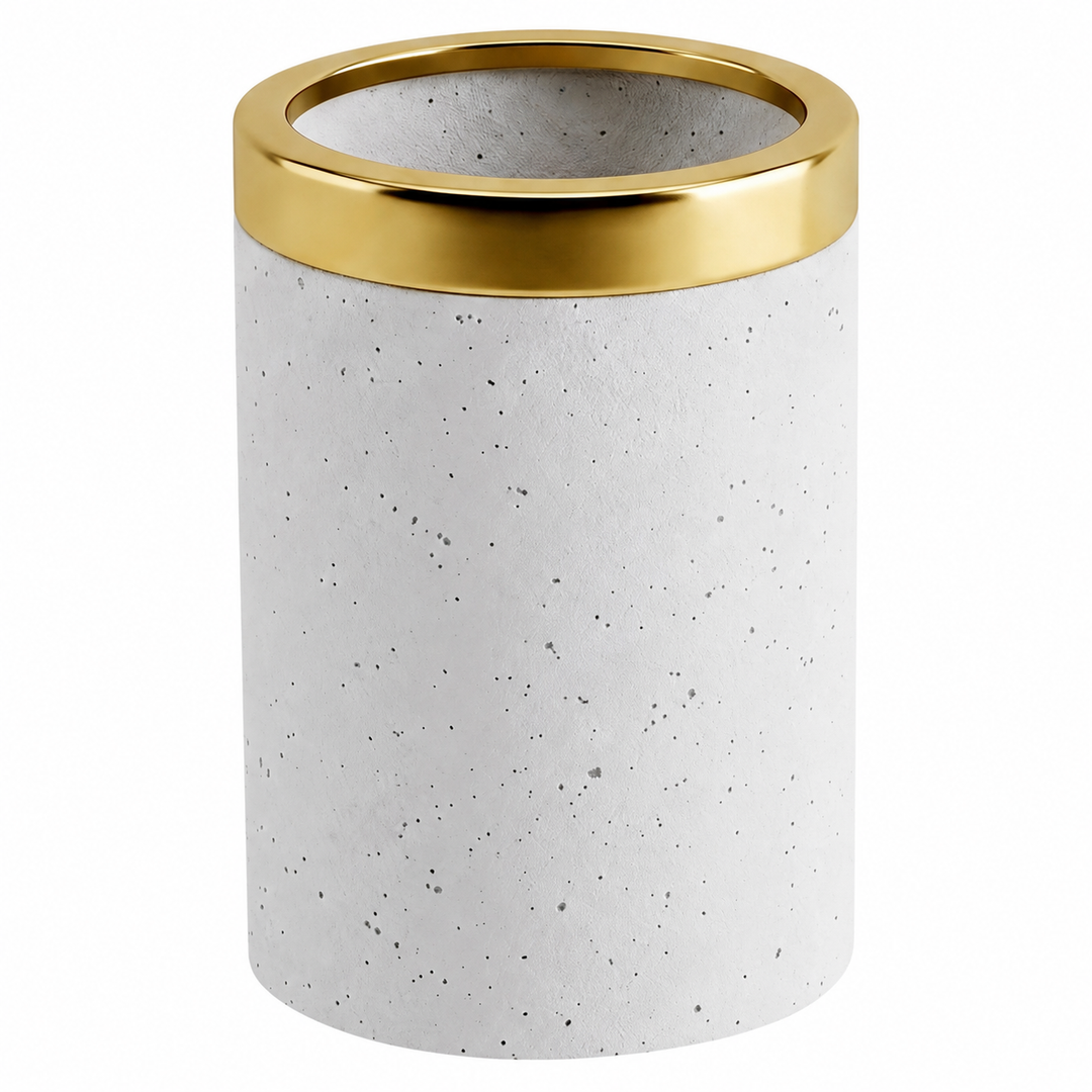 Modern Stainless Steel Bathroom Tumbler, 3" x 3" x 4.5", White Speckled Powder-Coated Finish with Gold Rim, Rust-Resistant Bathroom Cup for Toothbrushes, Rinsing & Vanity Organization