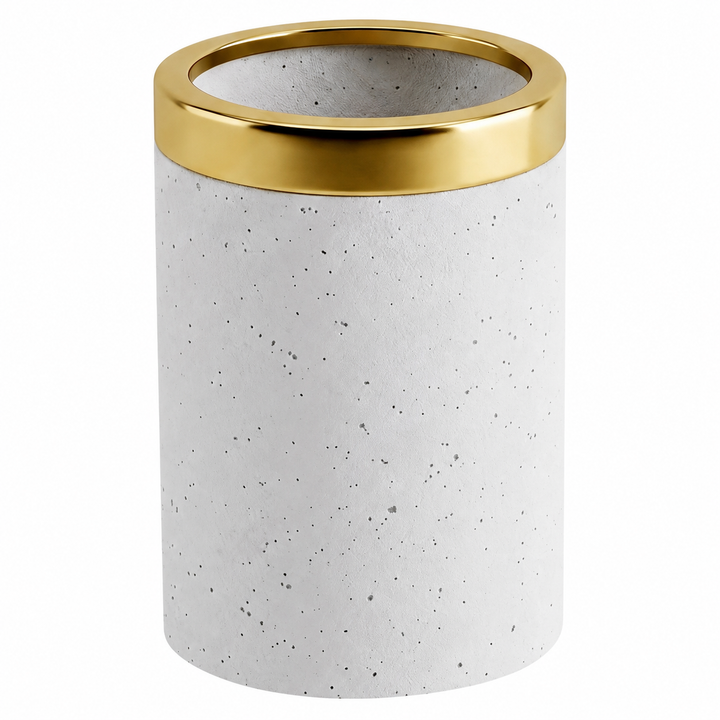 Modern Stainless Steel Bathroom Tumbler, 3" x 3" x 4.5", White Speckled Powder-Coated Finish with Gold Rim, Rust-Resistant Bathroom Cup for Toothbrushes, Rinsing & Vanity Organization
