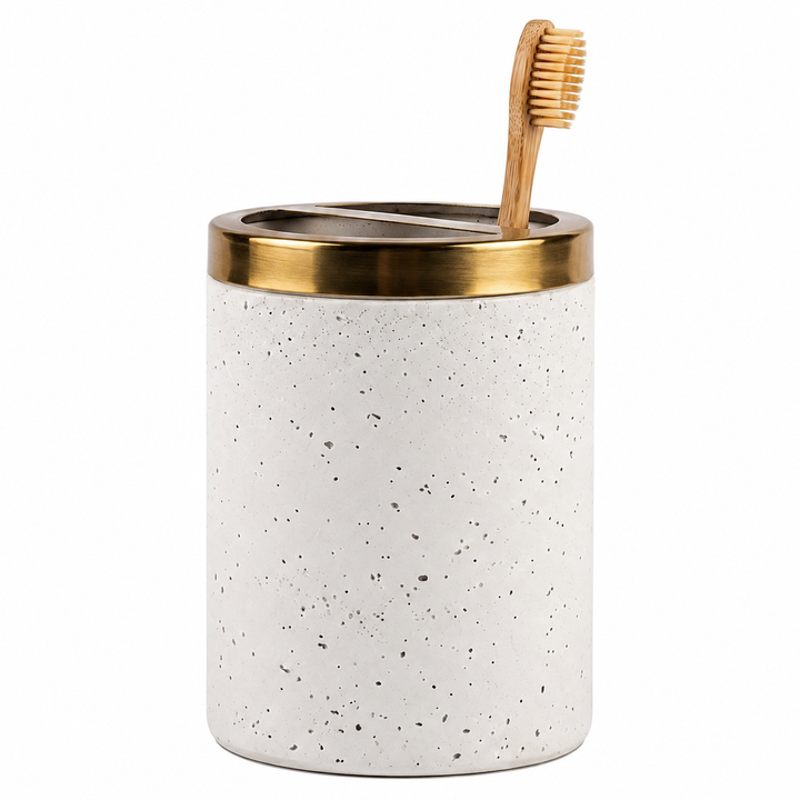 Modern Stainless Steel Toothbrush Holder, 3" x 3" x 5", White Speckled Powder-Coated Finish with Gold Accent, Rust-Resistant Bathroom Toothbrush & Toothpaste Organizer