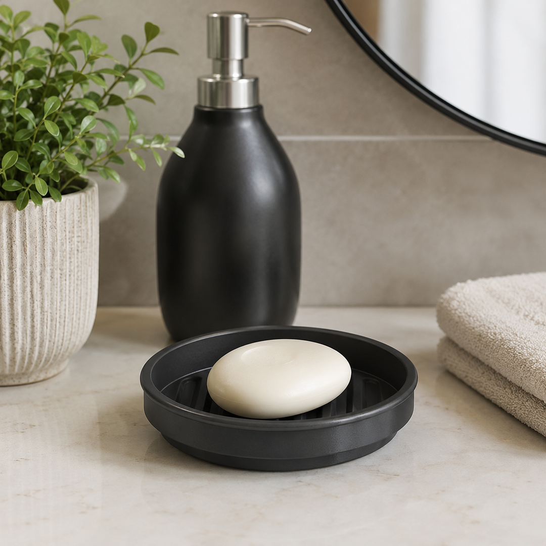 Stainless Steel Soap Dish, 5" x 5" x 1.5", Black Powder-Coated Finish, Rust-Resistant Bathroom Soap Holder