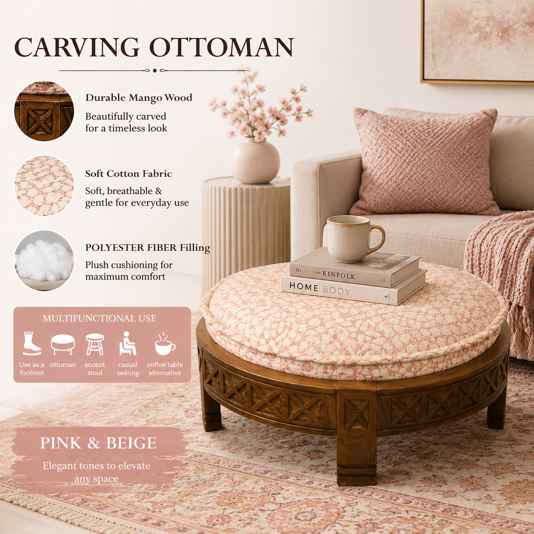 Handcrafted Wooden Upholstered Round Ottoman, 29.5"