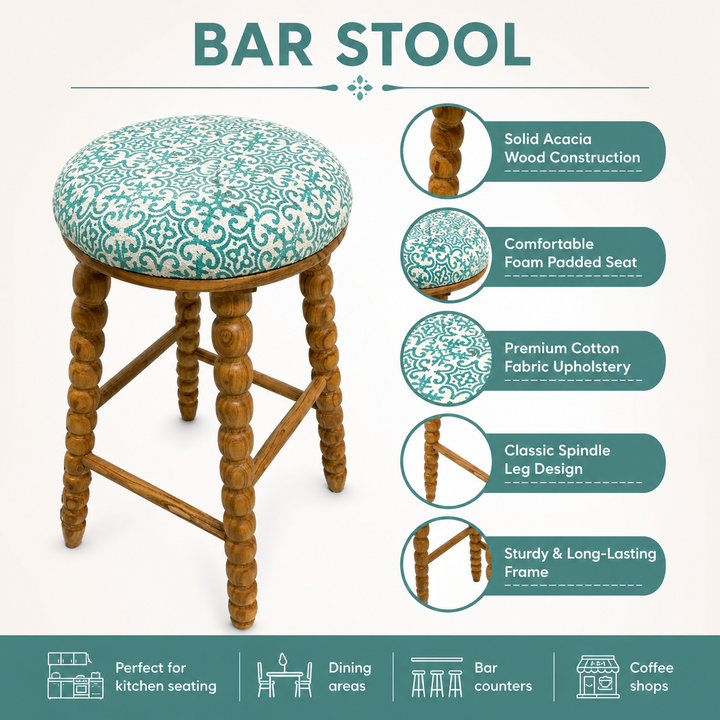 Spindle Upholstered Bar Stool with Solid Acacia Wood