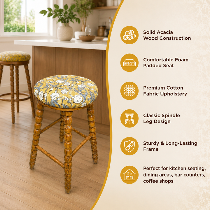 Spindle Upholstered Bar Stool with Solid Acacia Wood