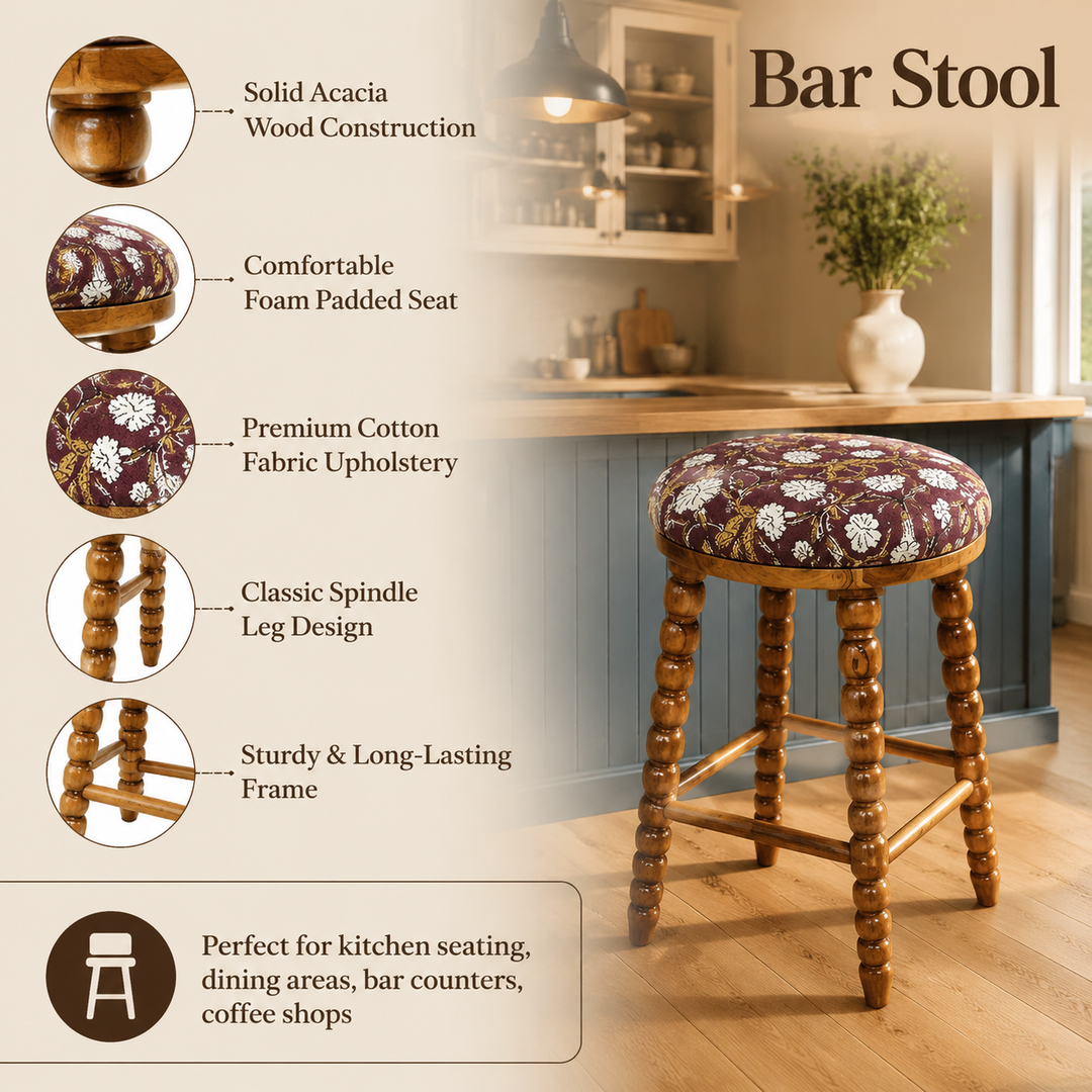 Spindle Upholstered Bar Stool with Solid Acacia Wood