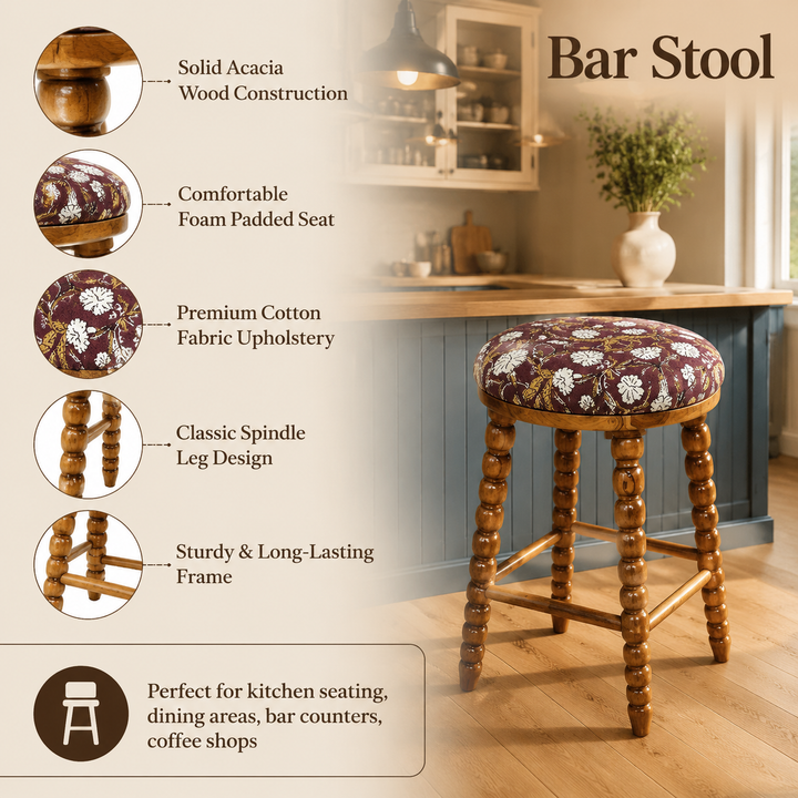 Spindle Upholstered Bar Stool with Solid Acacia Wood