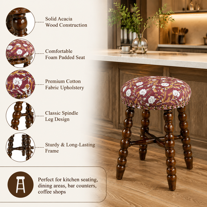 Spindle Upholstered Bar Stool with Solid Acacia Wood