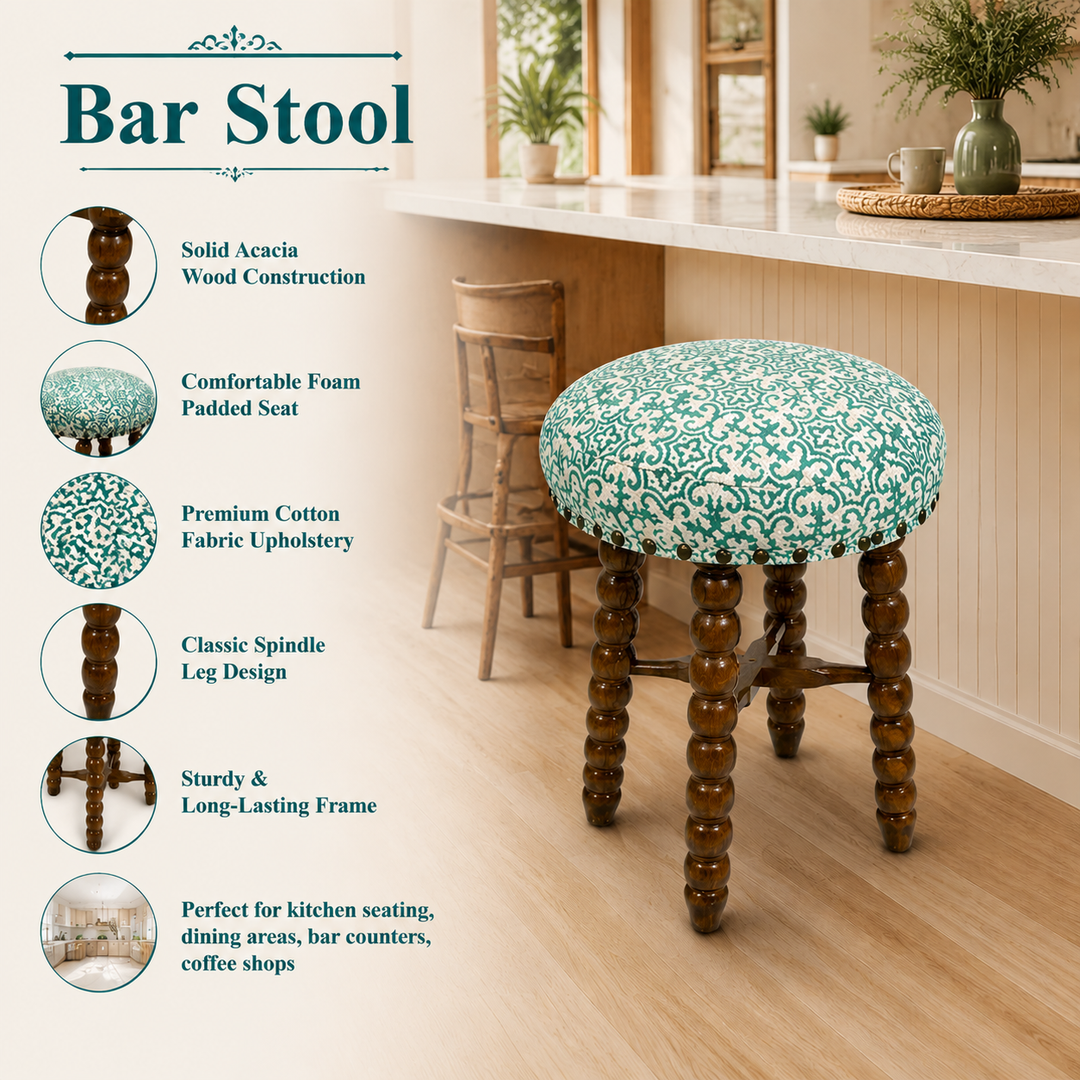 Spindle Upholstered Bar Stool with Solid Acacia Wood