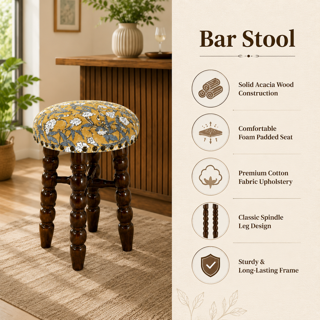 Spindle Upholstered Bar Stool with Solid Acacia Wood
