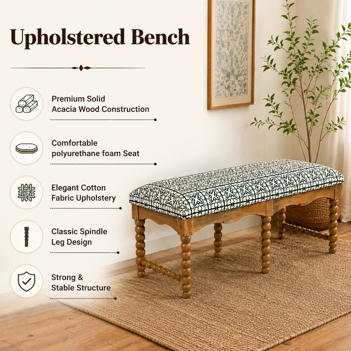Cotswold Spindle Upholstered Bench with Acacia Wood Frame