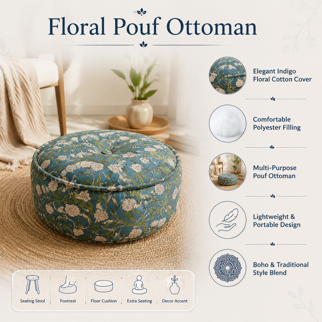 Printed Floral Pouf Ottoman, 22x22x8" Round Floor Cushion