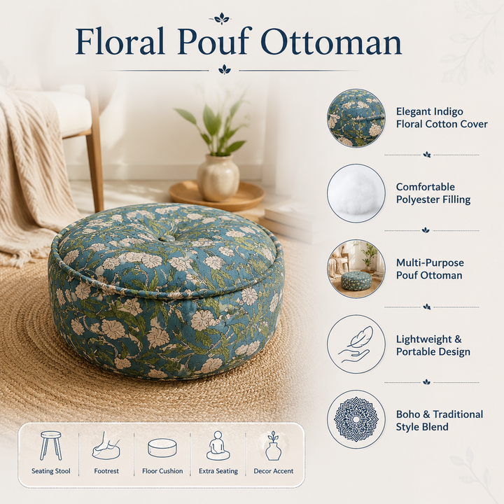 Printed Floral Pouf Ottoman, 22x22x8" Round Floor Cushion