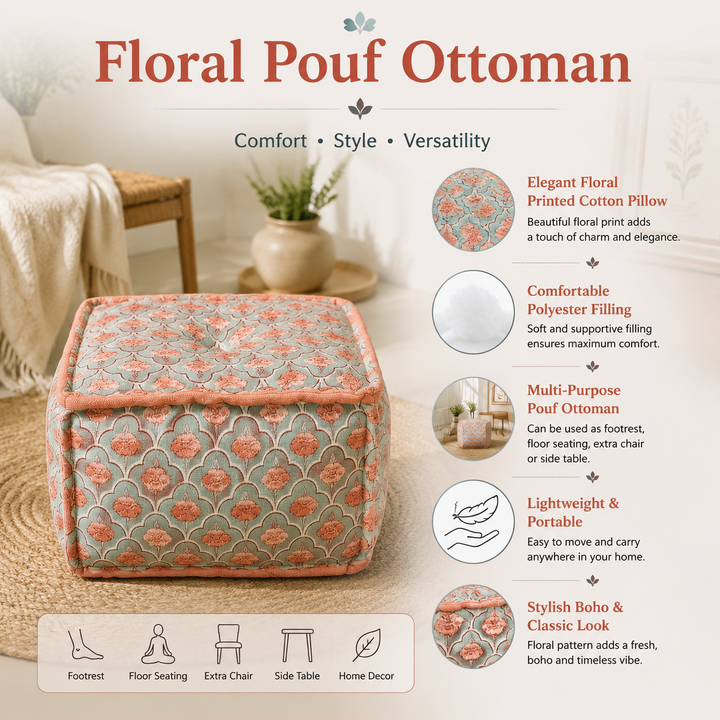 Floral Print Cube Ottoman, 20x20x14 Inch Handmade Floor Pouf