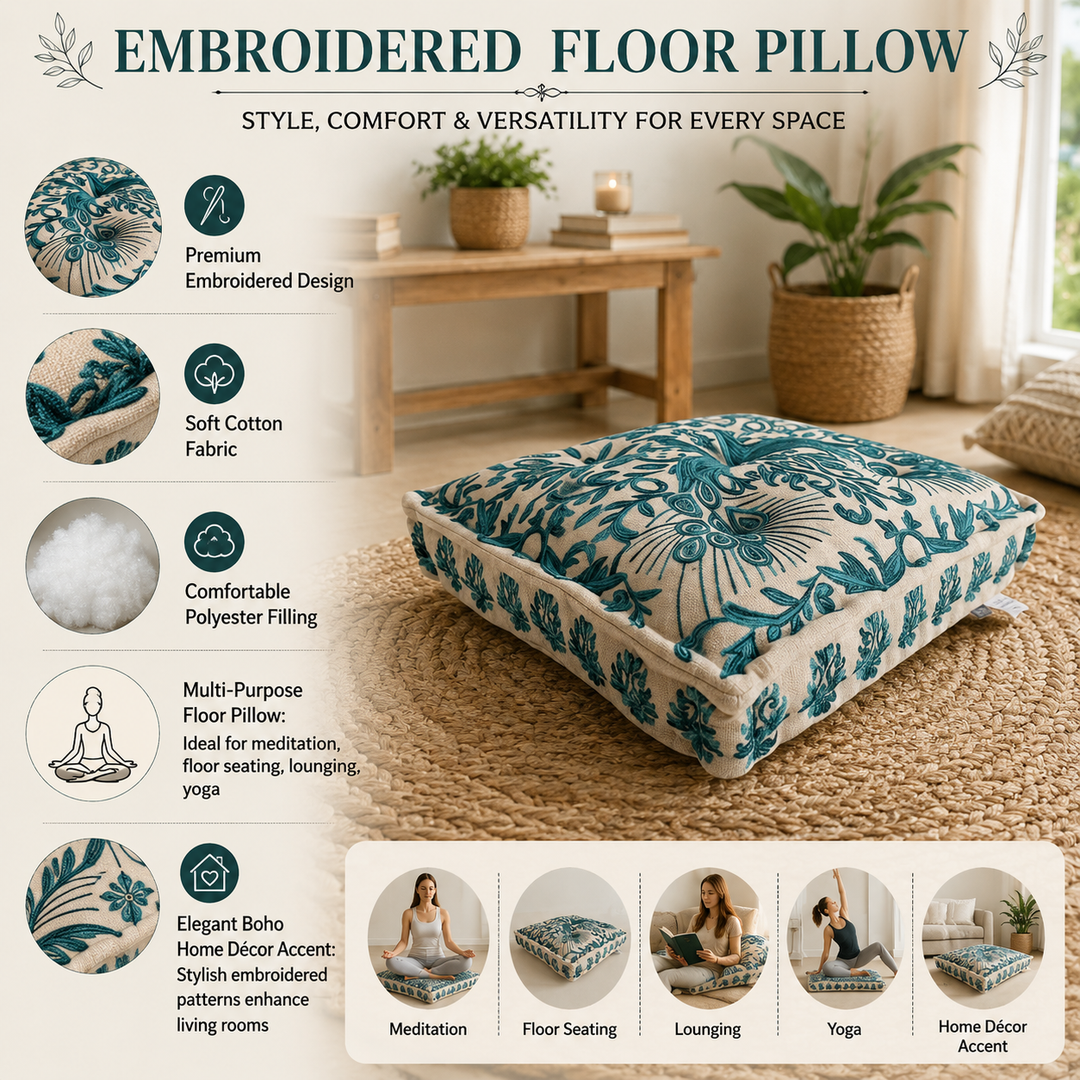 Embroidered Square Floor Pillow 30x30x5", Seating Cushion