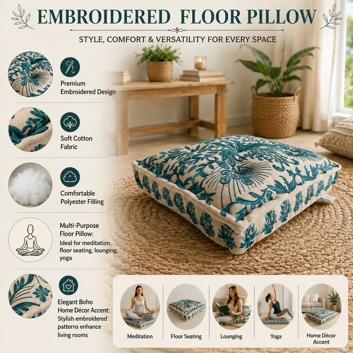 Embroidered Square Floor Pillow 30x30x5", Seating Cushion