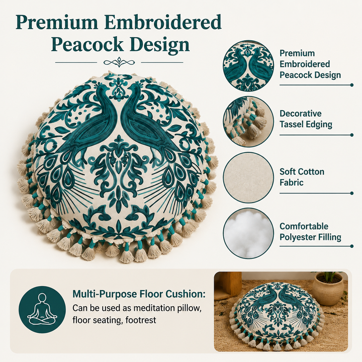 Embroidered Floor Pillow with Tassels & Filler, 20x20x3.5"