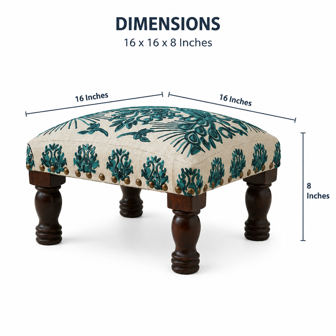 Bohemian Embroidered Upholstered Foot Stool, 16x16x8"