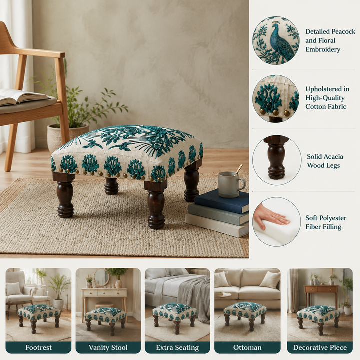 Bohemian Embroidered Upholstered Foot Stool, 16x16x8"