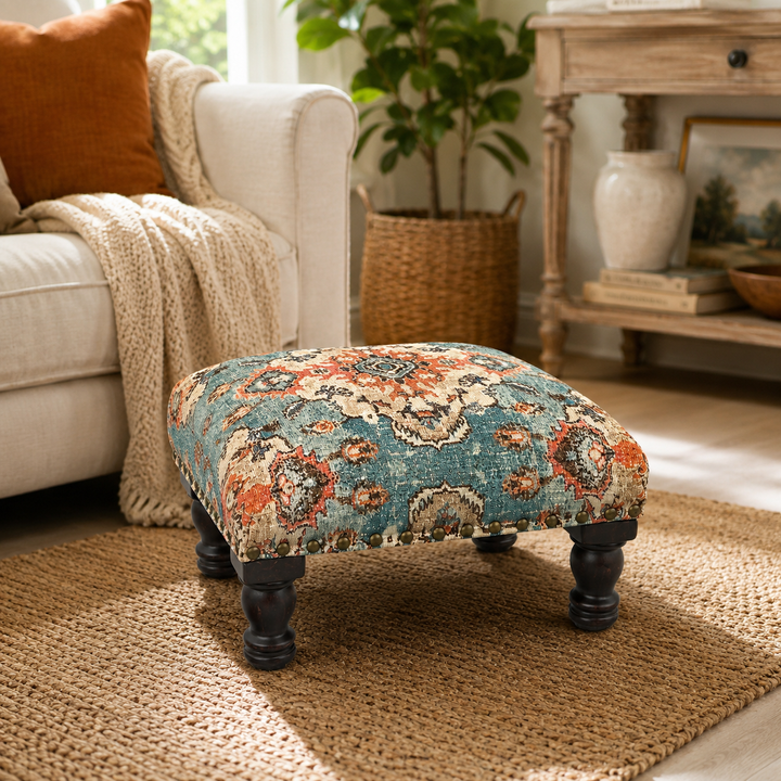 Printed Upholstered Foot Stool with Acacia Wood Frame