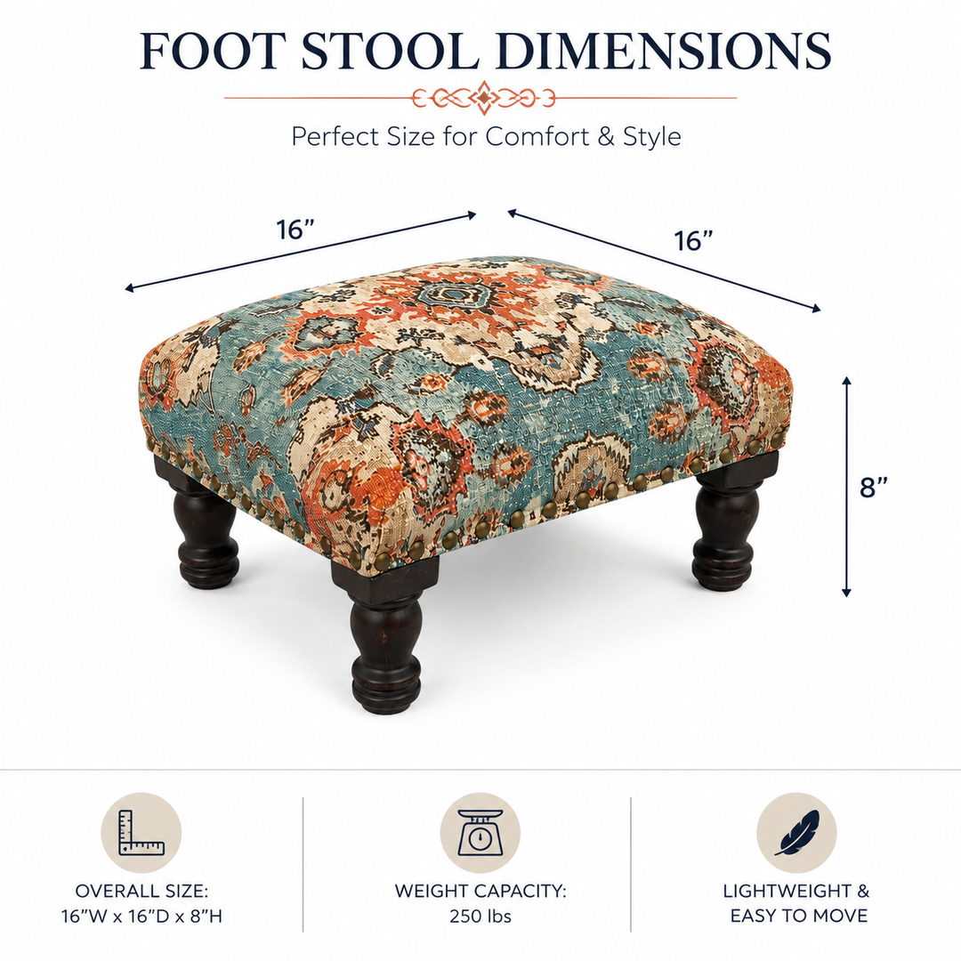 Printed Upholstered Foot Stool with Acacia Wood Frame