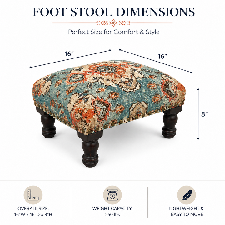 Printed Upholstered Foot Stool with Acacia Wood Frame