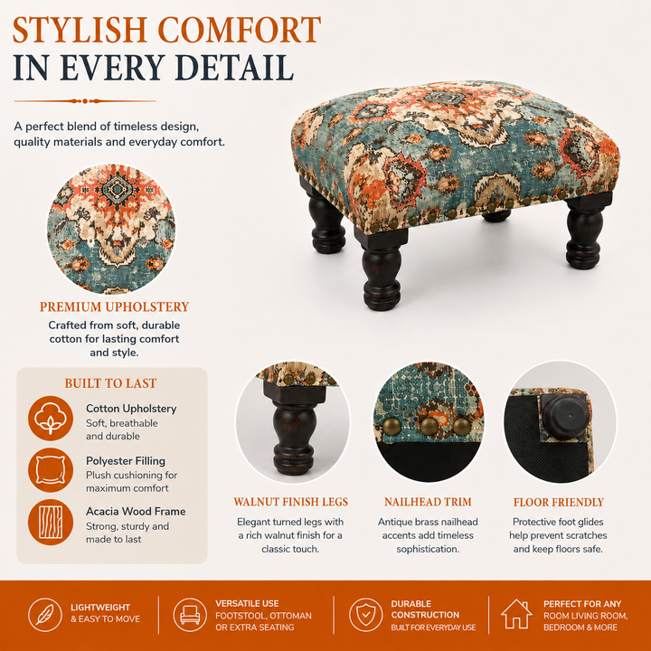 Printed Upholstered Foot Stool with Acacia Wood Frame
