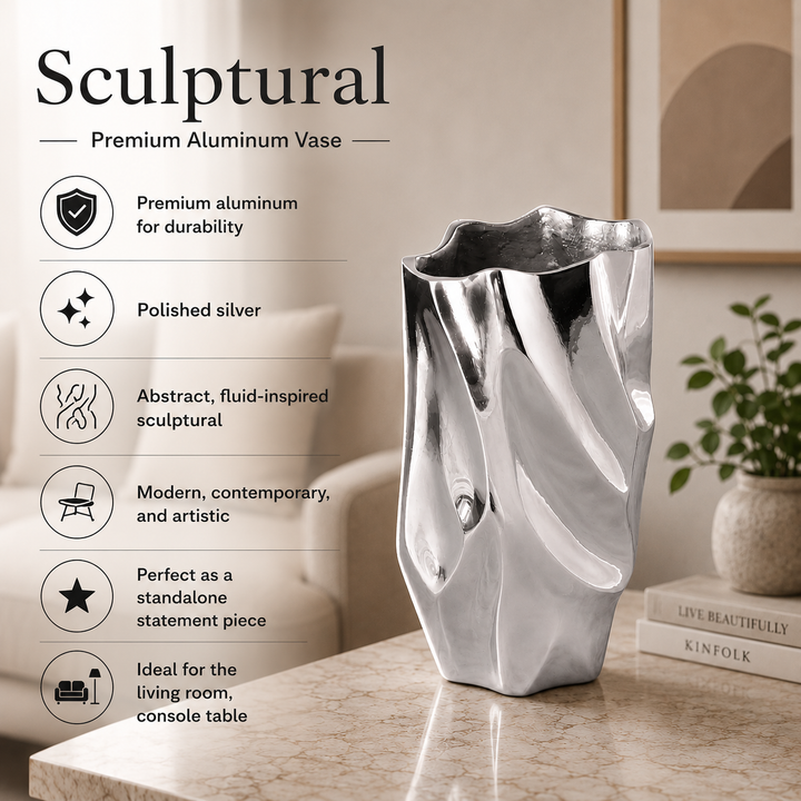 Abstract Silver Aluminum Vase | Fluid Sculptural Décor